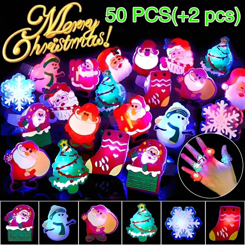 50Pcs(+2pcs) Halloween Light Up Rings Party Favors Light Up Toys luminous Flash Finger LED Ring Blinking Jelly Rubber Ring for Kids Adults Christmas Gifts Plastic Spooky