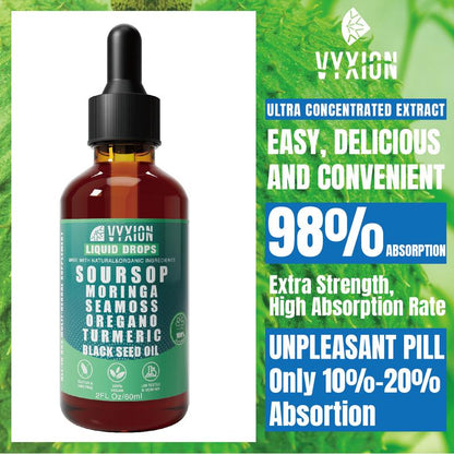 🌿 VYXION Pure Soursop 10-in-1 Liquid Drops – Seamoss. Moringa. Black Seed & Turmeric Blend for Natural Wellness & Energy Boost 💧
