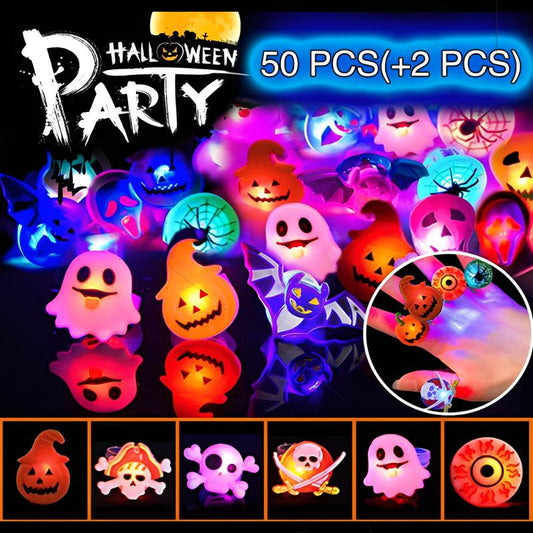 50Pcs(+2pcs) Halloween Light Up Rings Party Favors Light Up Toys luminous Flash Finger LED Ring Blinking Jelly Rubber Ring for Kids Adults Christmas Gifts Plastic Spooky